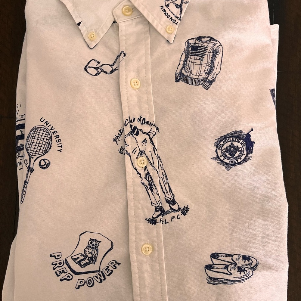 Polo by Ralph Lauren White and Blue Casual Button Down Shirt with preppy designs